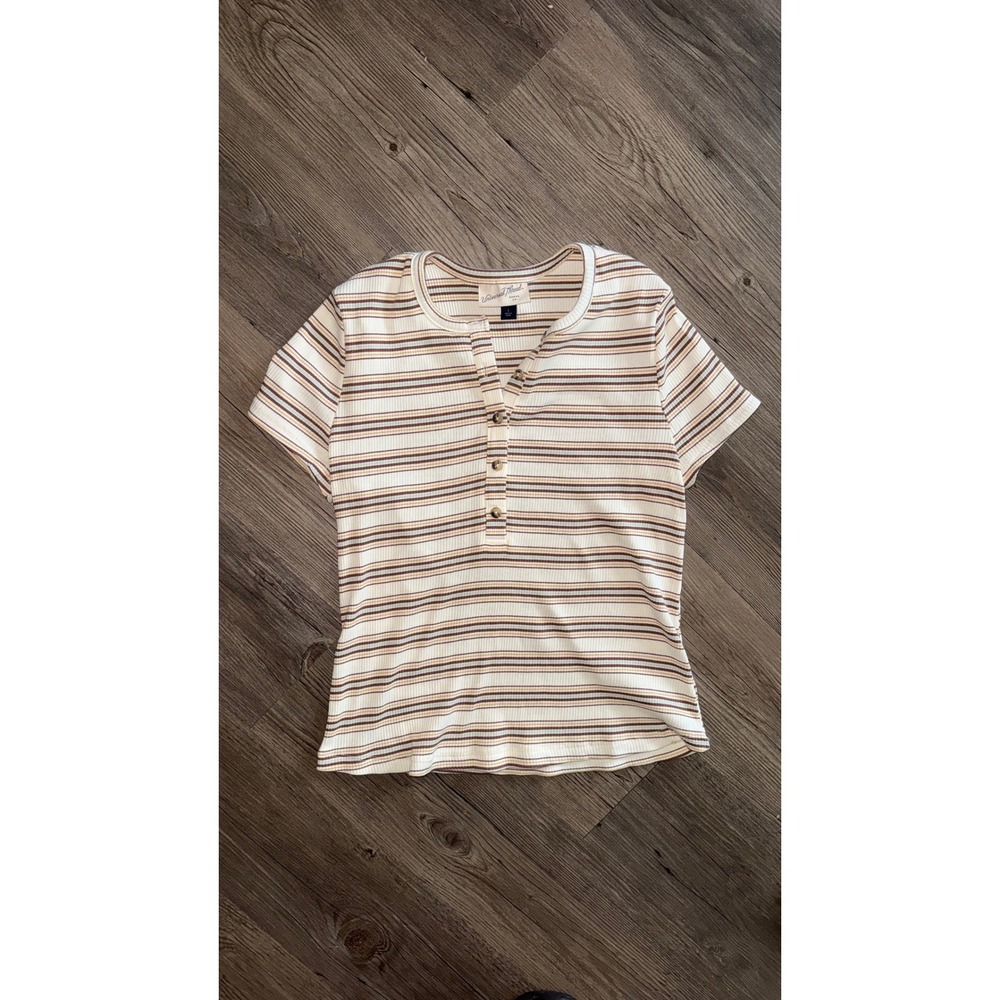 Universal Thread Womens Striped Ribbed Henley Short Sleeve Top Brown Tan Large